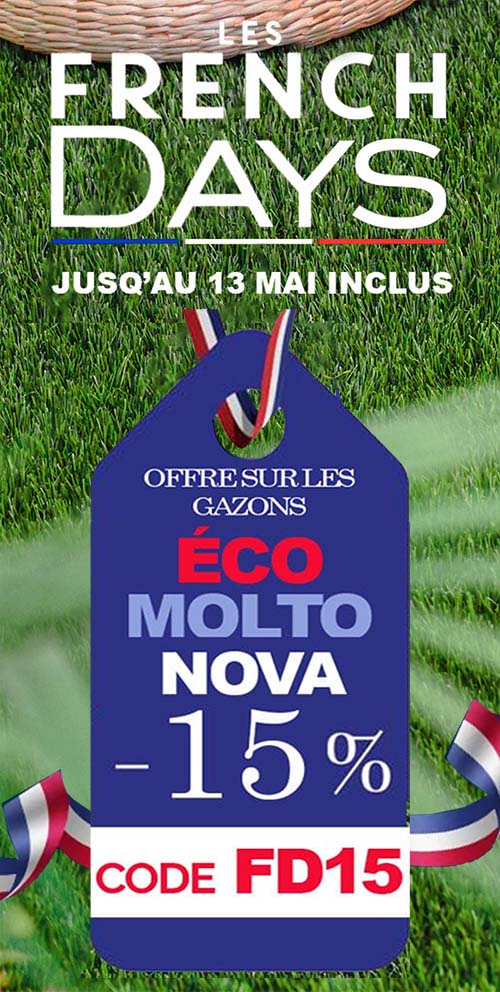 Offre French Days -15% sur nos plus belles pelouses synthétiques code FD15